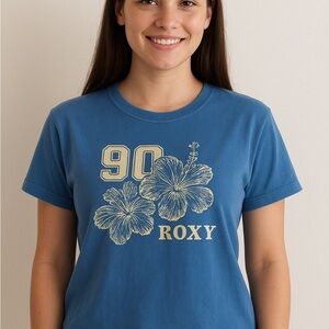 Roxy Blue Floral “90” Graphic Tee 🌺 Like New Ladies Size L